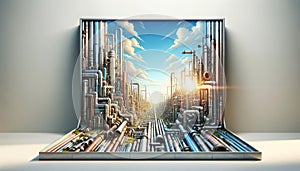 Futuristic cityscape artwork with metallic pipes and sunny sky