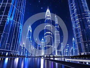 Futuristic Cityscape with Blue Neon Lights
