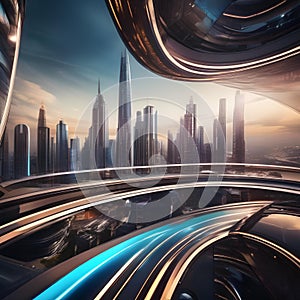 A futuristic cityscape with buildings bending and curving in a surreal, abstract manner1