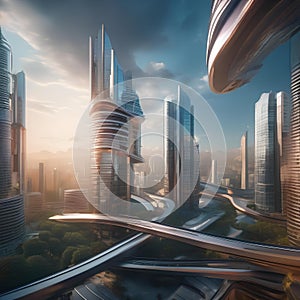A futuristic cityscape with buildings and structures bending and twisting in a surreal manner, as if alive with motion1