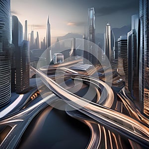 A futuristic cityscape with buildings and structures bending and twisting in a surreal manner, as if alive with motion3