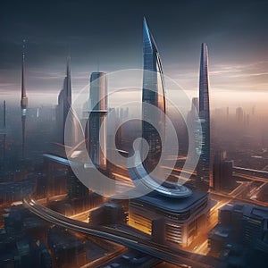 A futuristic cityscape with buildings and structures bending and twisting in a surreal manner, as if alive with motion5