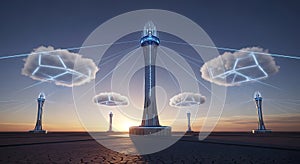 Futuristic Cityscape with Cloud Computing Towers and Data Network at Sunset