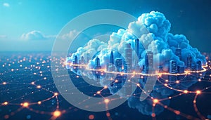 Futuristic Cityscape in Cloud Network Digital City Technology Concept