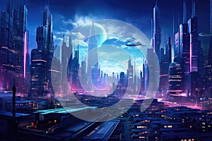 Futuristic cityscape with cyberpunk elements