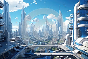 Futuristic cityscape with cyberpunk elements