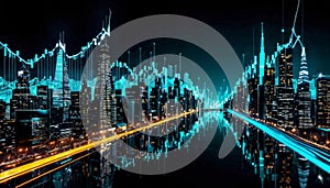 Futuristic Cityscape with Data Visualization Overlay