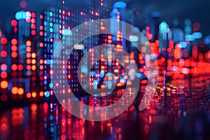 Futuristic Cityscape with Digital Binary Code Reflections at Night Generative AI