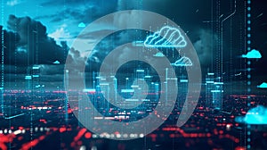 Futuristic cityscape with digital cloud technology and vibrant lights at dusk.