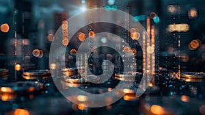 A futuristic cityscape with digital coins cascading down exemplifying the modernization and technological advancement photo