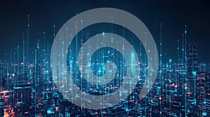 Futuristic cityscape with digital data network during night. Big data and machine learning