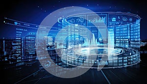 Futuristic Cityscape with Digital Data Visualization