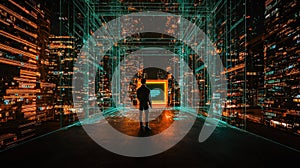 Man Standing in Futuristic Digital Cityscape