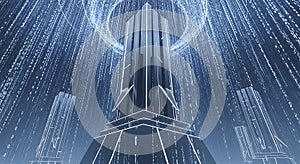 Futuristic Cityscape with Digital Rain and Matrix Code