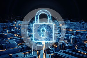 Futuristic cityscape with digital security symbolized by glowing blue structures and padlock