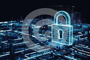 Futuristic cityscape with digital security symbolized by glowing blue structures and padlock