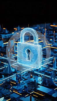 Futuristic cityscape with digital security symbolized by glowing blue structures and padlock