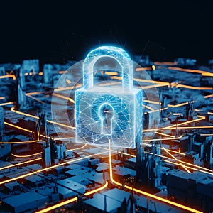 Futuristic cityscape with digital security symbolized by glowing blue structures and padlock