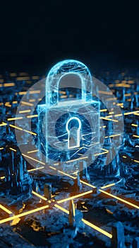 Futuristic cityscape with digital security symbolized by glowing blue structures and padlock