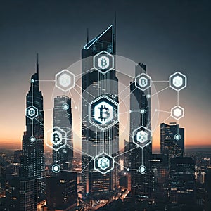 Bitcoin Network Connecting Modern City Skyline at Night