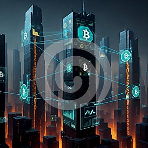 Bitcoin Network Connecting Modern City Skyline at Night