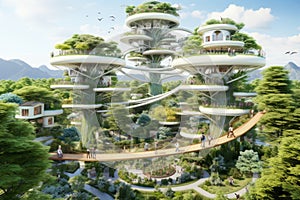 Futuristic cityscape with eco-friendly buildings, green spaces, and sustainable urban design