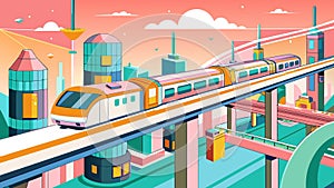 Futuristic Cityscape with Elevated Train and Pastel Sky photo