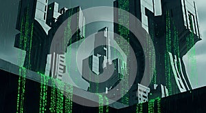 Futuristic Cityscape with Falling Binary Code, Sci-Fi Digital Rain
