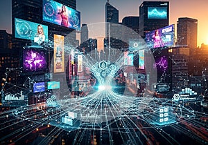 Futuristic cityscape featuring a dense array of skyscrapers