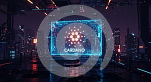 Futuristic cityscape featuring a large, glowing digital display with the Cardano log photo