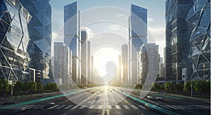 A futuristic cityscape featuring tall, glass-clad skyscrapers lining a wide avenue. photo