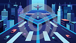 Futuristic Cityscape with Flying Car Platform and Neon Lights