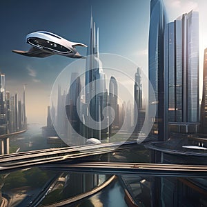 Futuristic cityscape, Futuristic city skyline with sleek skyscrapers and flying vehicles zooming between buildings1