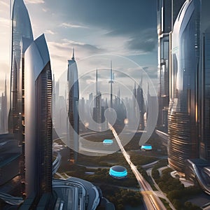 Futuristic cityscape, Futuristic city skyline with sleek skyscrapers and flying vehicles zooming between buildings2