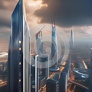 Futuristic cityscape, Futuristic city skyline with sleek skyscrapers and flying vehicles zooming between buildings3