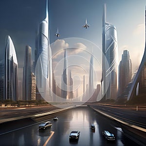 Futuristic cityscape, Futuristic city skyline with sleek skyscrapers and flying vehicles zooming between buildings4