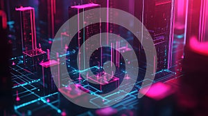 A futuristic cityscape with glowing buildings and digital elements in vibrant colors