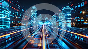 Futuristic Data Stream Cityscape with Information Flow and Binary Code