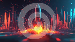 Futuristic Cityscape with Glowing Rocket Launch at Night