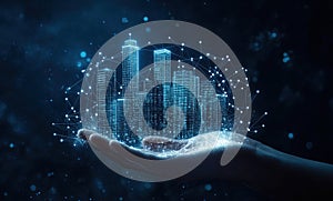 Futuristic cityscape held in a human hand with digital connections and glowing technology elements