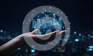 Futuristic cityscape held in a human hand with digital connections and glowing technology elements