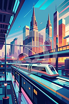 Futuristic Cityscape with High-Speed Monorail Train at Sunset photo