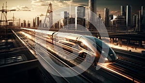 Futuristic cityscape with high-speed train motion generated by AI