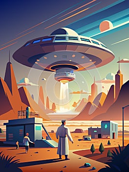 Futuristic Cityscape with Hovering UFO and Observing Characters photo