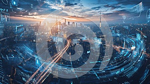 Futuristic cityscape illuminated by data flow and technological network overlay