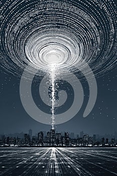 Bright digital data stream over futuristic city skyline illustrating innovation