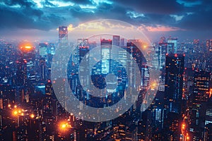 Futuristic cityscape illuminated skyscrapers in a technologically advanced urban setting photo