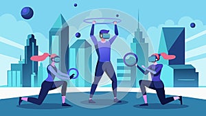 In a futuristic cityscape individuals can be seen performing a variety of VR kettlebell exercises from halos to figure photo