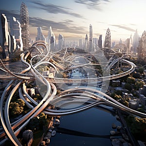 Futuristic Cityscape with Interwoven Bridges