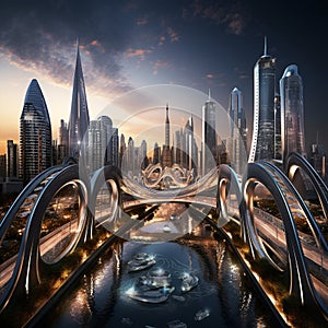 Futuristic Cityscape with Interwoven Bridges